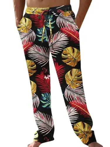 PASLTER Mens Casual Linen Pants Loose Fit Elastic Drawstring Waist Straight-Legs Summer Yoga Beach Long Pants - MODAZONE