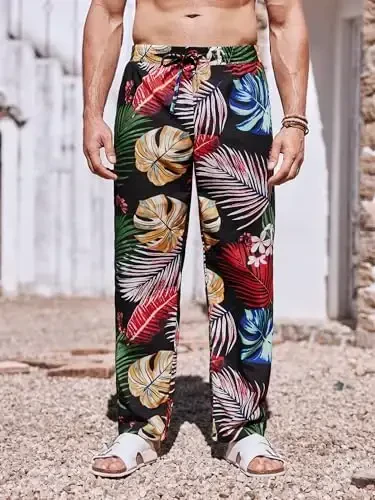 PASLTER Mens Casual Linen Pants Loose Fit Elastic Drawstring Waist Straight-Legs Summer Yoga Beach Long Pants - 2