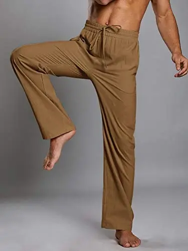 PASLTER Men's Casual Linen Pants Loose Fit Elastic Drawstring Waist Straight-Legs Summer Yoga Beach Long Pants - 3