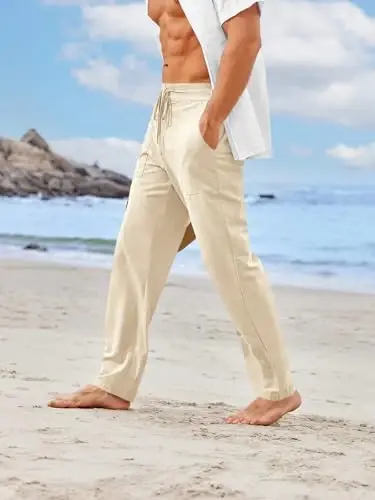 PASLTER Mens Casual Linen Pants Loose Fit Elastic Drawstring Waist Straight-Legs Summer Yoga Beach Long Pants - 3