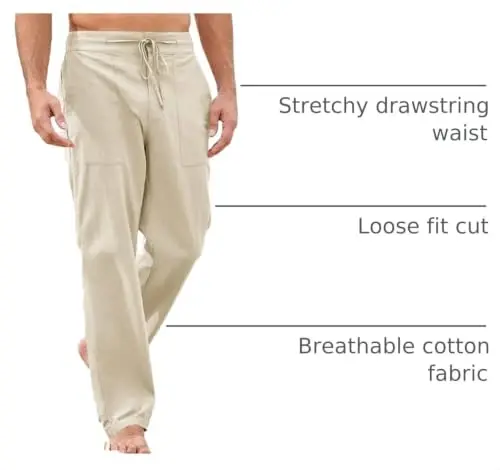 PASLTER Mens Casual Linen Pants Loose Fit Elastic Drawstring Waist Straight-Legs Summer Yoga Beach Long Pants - 4