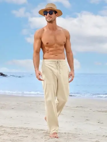 PASLTER Mens Casual Linen Pants Loose Fit Elastic Drawstring Waist Straight-Legs Summer Yoga Beach Long Pants - 5