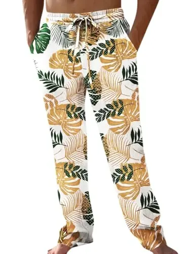 PASLTER Mens Casual Linen Pants Loose Fit Elastic Drawstring Waist Straight-Legs Summer Yoga Beach Long Pants - 1