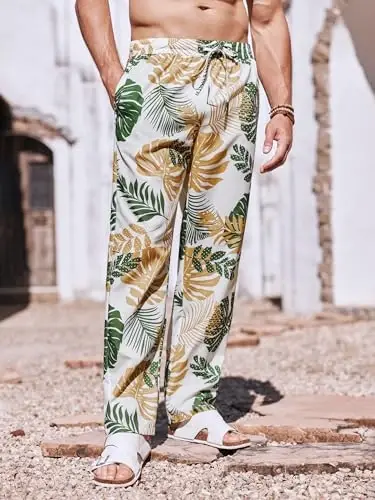 PASLTER Mens Casual Linen Pants Loose Fit Elastic Drawstring Waist Straight-Legs Summer Yoga Beach Long Pants - PASLTER (1)