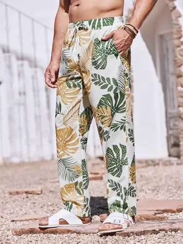 PASLTER Mens Casual Linen Pants Loose Fit Elastic Drawstring Waist Straight-Legs Summer Yoga Beach Long Pants - 3