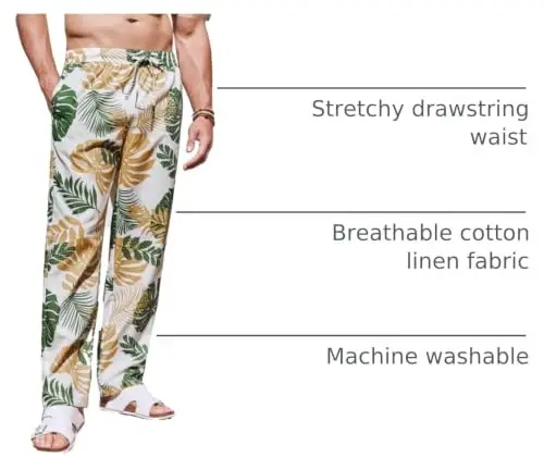 PASLTER Mens Casual Linen Pants Loose Fit Elastic Drawstring Waist Straight-Legs Summer Yoga Beach Long Pants - 4