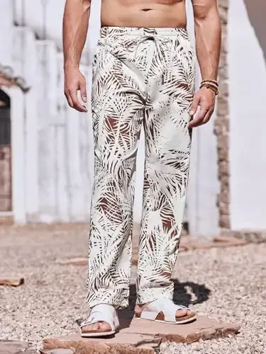 PASLTER Mens Casual Linen Shimlar Bo'sh Fit Elastik Tortma Ip Bel To'g'ri Oyoqli Yozgi Yoga Plyaj Uzun Shimlar - MODAZONE (1)