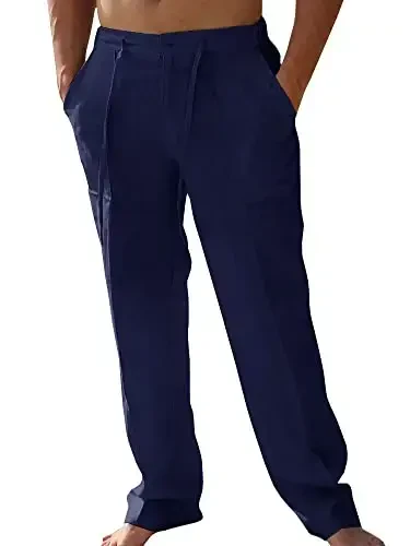 PASLTER Mens Casual Linen Shimlar Bo'sh Kiyim Elastik Bog'ichli Bel To'g'ri Oyoqli Yozgi Yoga Sohil Uzun Shimlar - 1