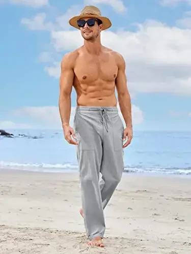 PASLTER Mens Casual Linen Pants Loose Fit Elastic Drawstring Waist Straight-Legs Summer Yoga Beach Long Pants - 2