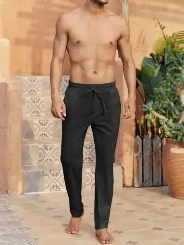 PASLTER Mens Casual Linen Shimlar Keng Kesilgan Elastik Bog'ichli Bel To'g'ri Oyoqli Yozgi Yoga Plyaj Uzun Shimlar - 4