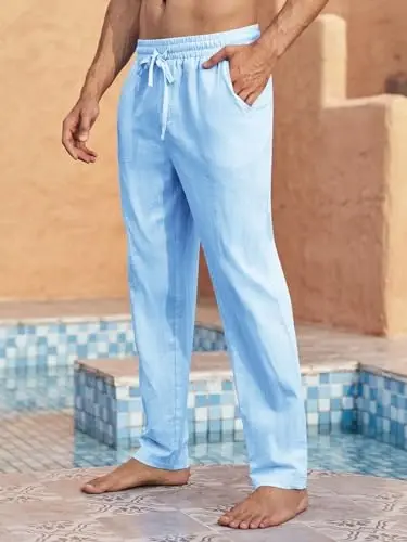 PASLTER Mens Casual Linen Shimlar Keng Kesilgan Elastik Bog'ichli Bel To'g'ri Poy Summer Yoga Beach Uzun Shimlar - 2