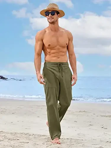 PASLTER Mens Casual Linen Shimlar Keng Kesilgan Elastik Ipli Bel To'g'ri Poychali Yozgi Yoga Plyaj Uzun Shimlar - 2