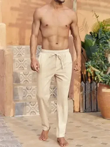 PASLTER Mens Casual Linen Shimlar Keng Kesilgan Elastik Ipli Bel To'g'ri Poyli Yozgi Yoga Plyaj Uzun Shimlar - 4