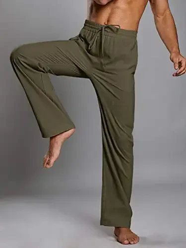 PASLTER Mens Casual Linen Shimlar Keng Kesilgan Elastik Torli Bel To'g'ri Oyoqli Yozgi Yoga Plyaj Uzun Shimlar - 4