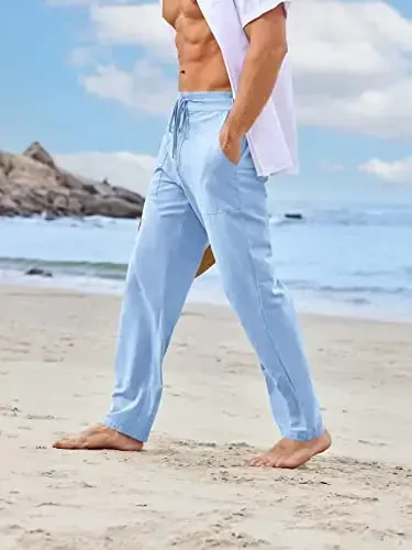 PASLTER Mens Casual Linen Shimlar Keng Moslashuvchan Elastik Ipli Bel To'g'ri Oyoqli Yozgi Yoga Plaj Uzun Shimlar - 3