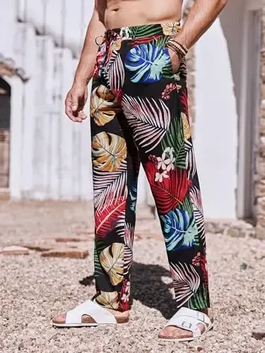 PASLTER Mens Casual Linen Shimlar Keng Qulay Elastik Bog'ichli Bel To'g'ri Oyoqli Yozgi Yoga Plyaj Uzun Shimlar - 3