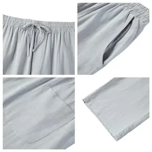 PASLTER Mens Casual Linen Shimlar Keng Qulay Elastik Ipli Bel To'g'ri Oyoqli Yozgi Yoga Plyaj Uzun Shimlar - 5