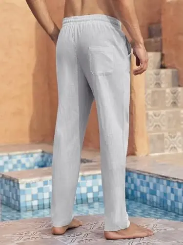 PASLTER Mens Casual Linen Shimlar Keng Qulay Elastik Ipli Bel To'g'ri Oyoqli Yozgi Yoga Plyaj Uzun Shimlar - 9