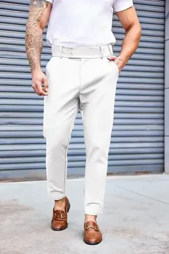 PASLTER Mens Chino Pants Slim Fit Flat Front Stretch Skinny Tapered Dress Pants Casual Trousers - PASLTER (1)