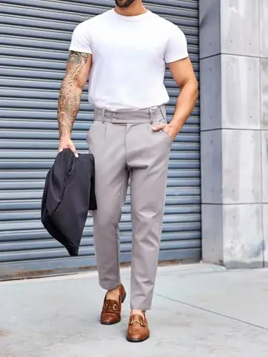 PASLTER Mens Chino Pants Slim Fit Flat Front Stretch Skinny Tapered Dress Pants Casual Trousers - 4