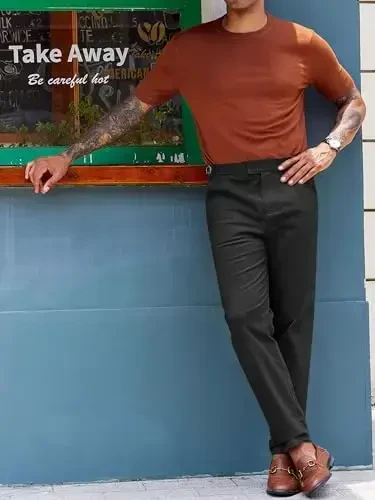 PASLTER Mens Chinos Pants Slim Fit Stretch Flat-Front Skinny Dress Suit Pants Cotton Slacks - 3