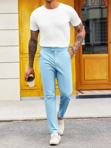 PASLTER Mens Chinos Pants Slim Fit Stretch Flat-Front Skinny Dress Suit Pants Cotton Slacks - 3