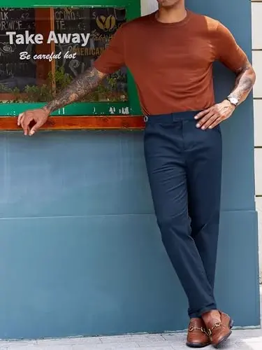 PASLTER Mens Chinos Pants Slim Fit Stretch Flat-Front Skinny Dress Suit Pants Cotton Slacks - 3