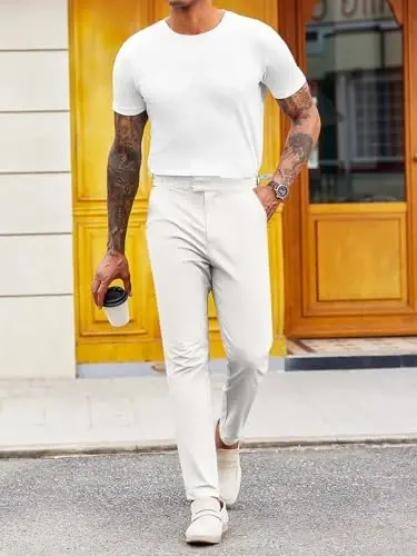 PASLTER Mens Chinos Pants Slim Fit Stretch Flat-Front Skinny Dress Suit Pants Cotton Slacks - 3
