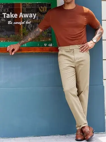 PASLTER Mens Chinos Pants Slim Fit Stretch Flat-Front Skinny Dress Suit Pants Cotton Slacks - 3