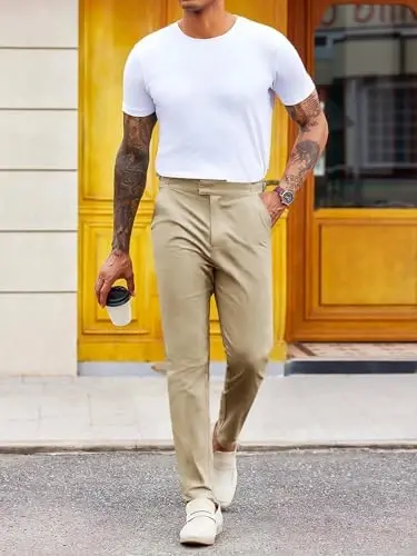 PASLTER Mens Chinos Pants Slim Fit Stretch Flat-Front Skinny Dress Suit Pants Cotton Slacks - 5