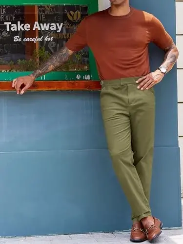 PASLTER Mens Chinos Pants Slim Fit Stretch Flat-Front Skinny Dress Suit Pants Cotton Slacks - 3