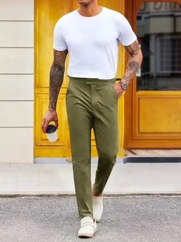 PASLTER Mens Chinos Pants Slim Fit Stretch Flat-Front Skinny Dress Suit Pants Cotton Slacks - 5