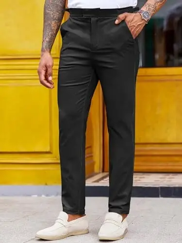PASLTER Mens Chinos Pants Slim Fit Stretch Flat-Front Skinny Dress Suit Pants Cotton Slacks - PASLTER (1)