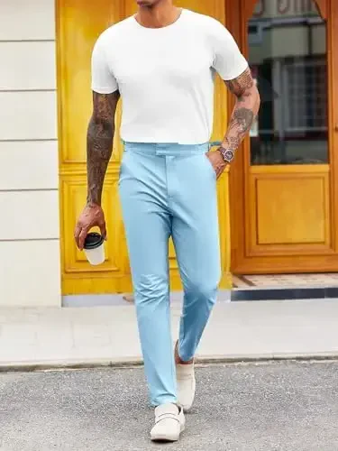 PASLTER Mens Chinos Shimlar Slim Fit Stretch Flat-Front Skinny Dress Kostyum Shimlar Paxta Shim - 3