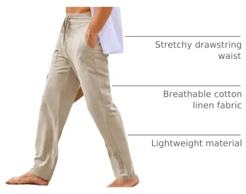 PASLTER Mens Cotton Linen Pants Casual Summer Beach Pants Dress Trousers | Loose Fit, Elastic Drawstring Waist, Lightweight, Straight-Legs, Slacks, Yoga, Work, Vacation, Quick Dry - 4