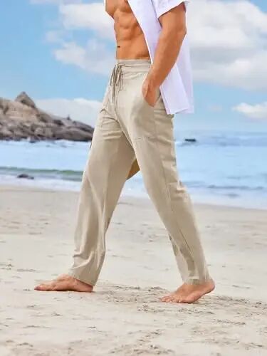 PASLTER Mens Cotton Linen Pants Casual Summer Beach Pants Dress Trousers | Loose Fit, Elastic Drawstring Waist, Lightweight, Straight-Legs, Slacks, Yoga, Work, Vacation, Quick Dry - PASLTER (1)