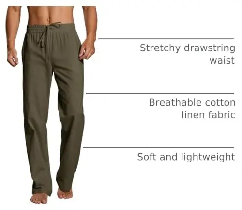 PASLTER Mens Cotton Linen Pants Casual Summer Beach Pants Dress Trousers | Loose Fit, Elastic Drawstring Waist, Lightweight, Straight-Legs, Slacks, Yoga, Work, Vacation, Quick Dry - 4