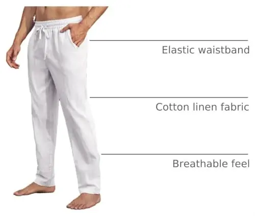 PASLTER Mens Cotton Linen Pants Casual Summer Beach Pants Dress Trousers | Loose Fit, Elastic Drawstring Waist, Lightweight, Straight-Legs, Slacks, Yoga, Work, Vacation, Quick Dry - 4