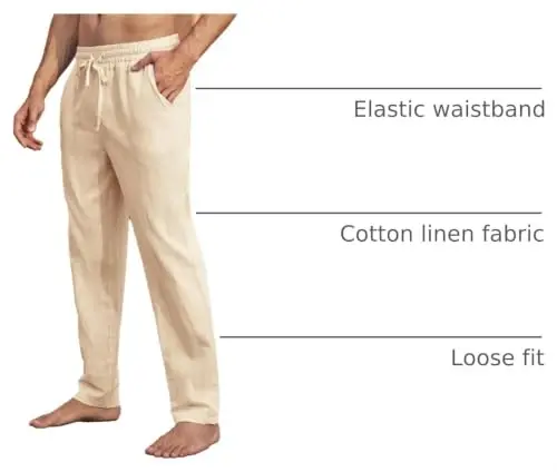 PASLTER Mens Cotton Linen Pants Casual Summer Beach Pants Dress Trousers | Loose Fit, Elastic Drawstring Waist, Lightweight, Straight-Legs, Slacks, Yoga, Work, Vacation, Quick Dry - 4