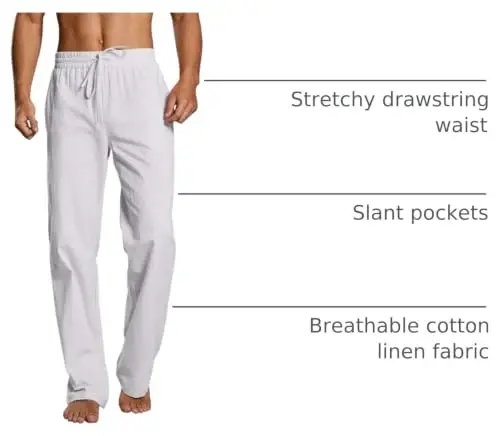 PASLTER Mens Cotton Linen Pants Casual Summer Beach Pants Dress Trousers | Loose Fit, Elastic Drawstring Waist, Lightweight, Straight-Legs, Slacks, Yoga, Work, Vacation, Quick Dry - 4