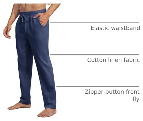 PASLTER Mens Cotton Linen Pants Casual Summer Beach Pants Dress Trousers | Loose Fit, Elastic Drawstring Waist, Lightweight, Straight-Legs, Slacks, Yoga, Work, Vacation, Quick Dry - 4