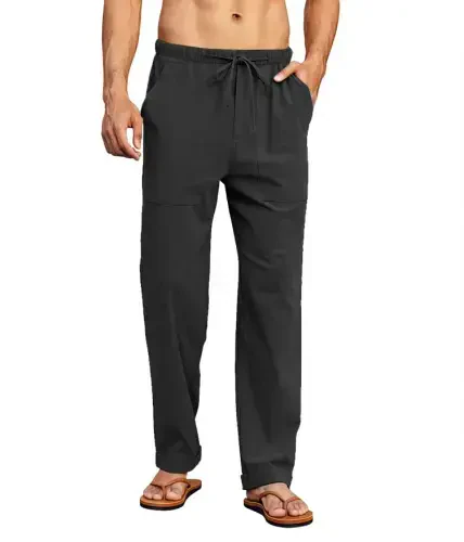 PASLTER Mens Casual Linen Pants Loose Fit Elastic Drawstring Waist Straight-Legs Summer Yoga Beach Long Pants - 2