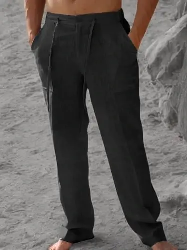 PASLTER Mens Casual Linen Pants Loose Fit Elastic Drawstring Waist Straight-Legs Summer Yoga Beach Long Pants - 10