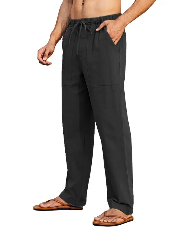 PASLTER Mens Casual Linen Pants Loose Fit Elastic Drawstring Waist Straight-Legs Summer Yoga Beach Long Pants - 3