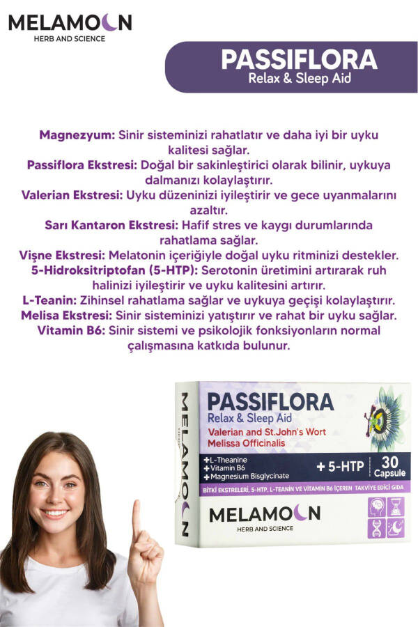 Passionflower (Passiflora) Enhanced with Magnesium and 5-HTP, Stress and Sleep Aid, 30 Capsules - 3