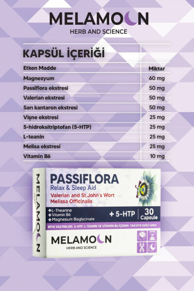 Passionflower (Passiflora) Enhanced with Magnesium and 5-HTP, Stress and Sleep Aid, 30 Capsules - 6