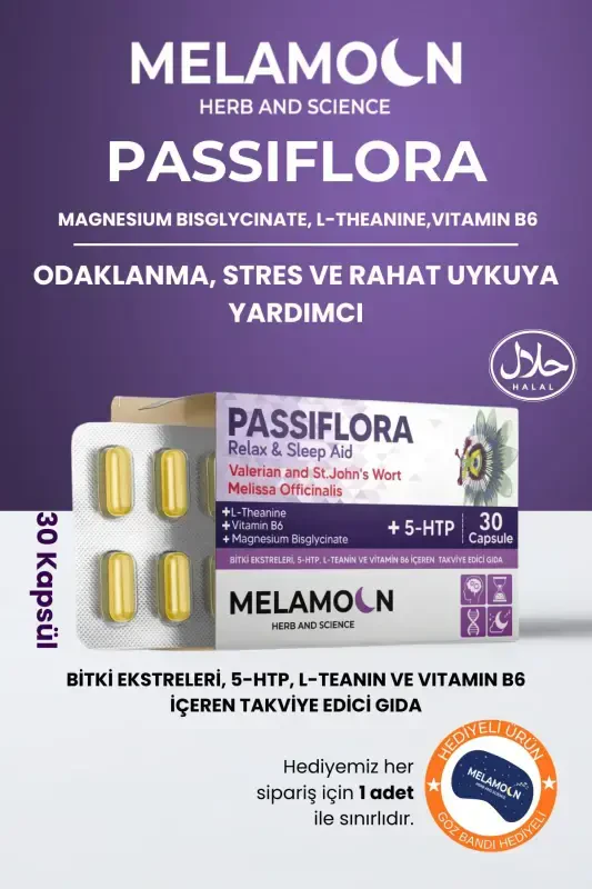 Passionflower (Passiflora) Enhanced with Magnesium and 5-HTP, Stress and Sleep Aid, 30 Capsules - MELAMOON