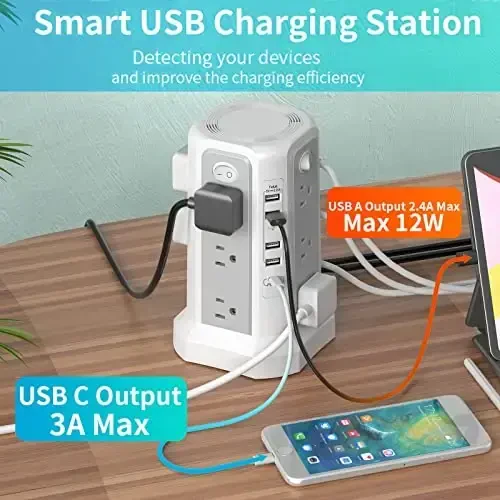 PASSUS 1625W|13A USB C portli tok uzaytgich, ko‘p rozetkali kuchlanishdan himoya qiluvchi minora, 10FT simli yassi vilka, uy ofisi va yotoqxona uchun ortiqcha yukdan himoya - 3