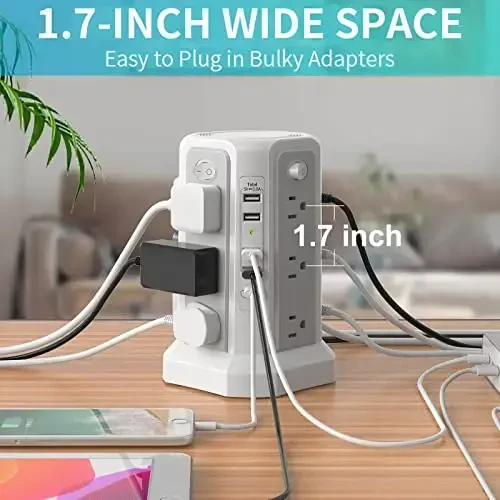 PASSUS 1625W|13A USB C portli tok uzaytgich, ko‘p rozetkali kuchlanishdan himoya qiluvchi minora, 10FT simli yassi vilka, uy ofisi va yotoqxona uchun ortiqcha yukdan himoya - 4