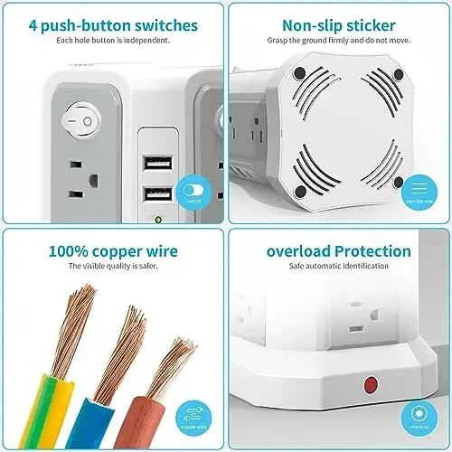 PASSUS 1625W|13A USB C portli tok uzaytgich, ko‘p rozetkali kuchlanishdan himoya qiluvchi minora, 10FT simli yassi vilka, uy ofisi va yotoqxona uchun ortiqcha yukdan himoya - 5